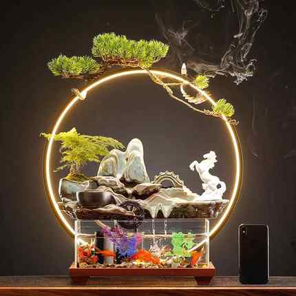 新中式高山流水摆件鱼缸假山招财办公室桌面客厅乔迁新居开业礼品