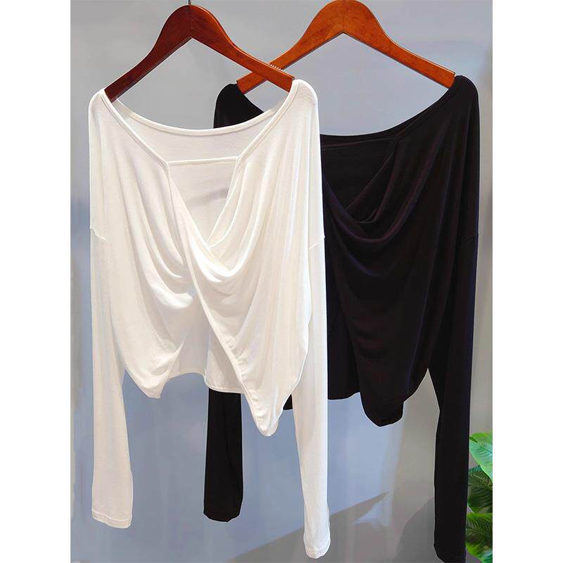 白色性感露背长袖T恤女春秋欧洲站防晒美背宽松瑜伽舞蹈百搭上衣