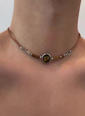 复古虎眼石串珠项链女小众设计感朋克风锁骨链个性百搭轻奢颈饰品