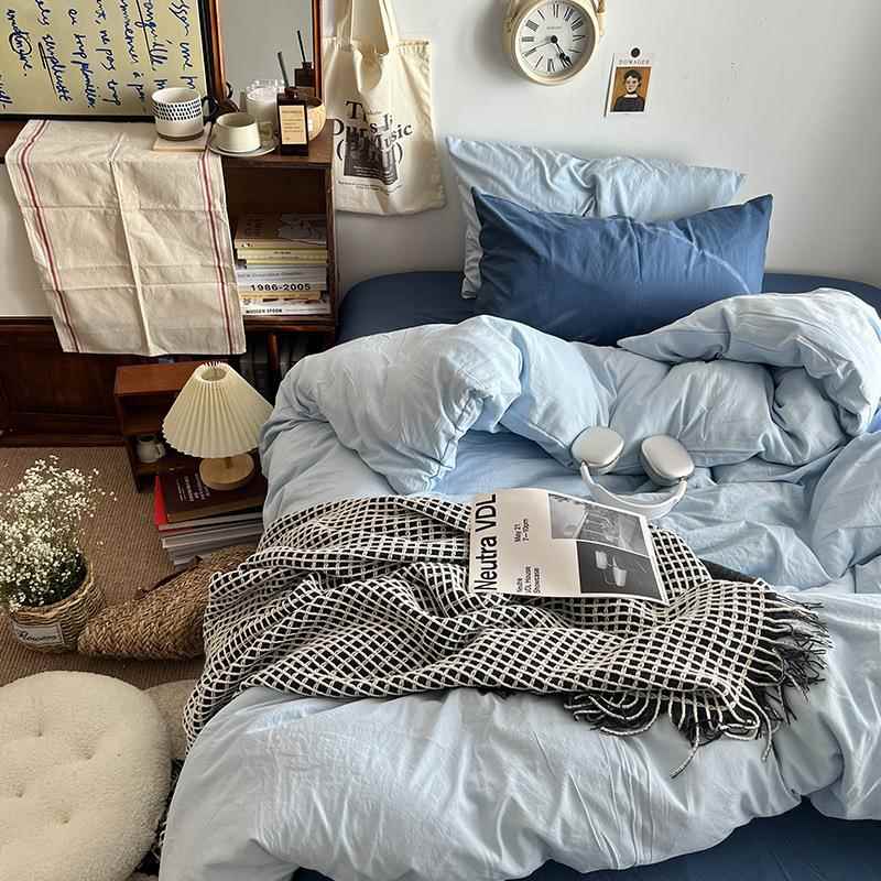 简约纯色双拼四件套水洗棉a类母婴级双人学生宿舍床单被套三件套
