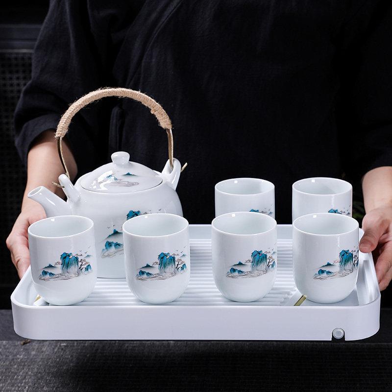 山水中式功夫茶具套组家用大号覆古白瓷办公室泡茶壶茶杯提梁陶瓷