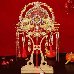 新娘喜扇diy手工新款 秀禾扇出嫁遮面双色双面团扇礼品扇 长柄中式