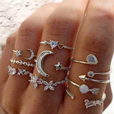 Silver Color Crystal Rings Set for Women, Cubic Zirconia Moo