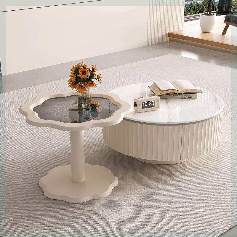 轻奢岩板烤漆电视柜圆形茶几组合奶油风白色现代简约小户型客厅柜