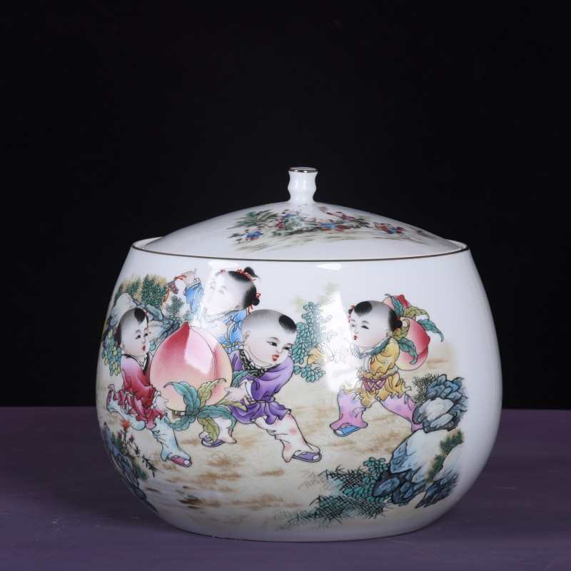 鱼缸景德镇家用五子登科罐带储缸茶叶陶瓷物聚宝盆米缸陶瓷盖