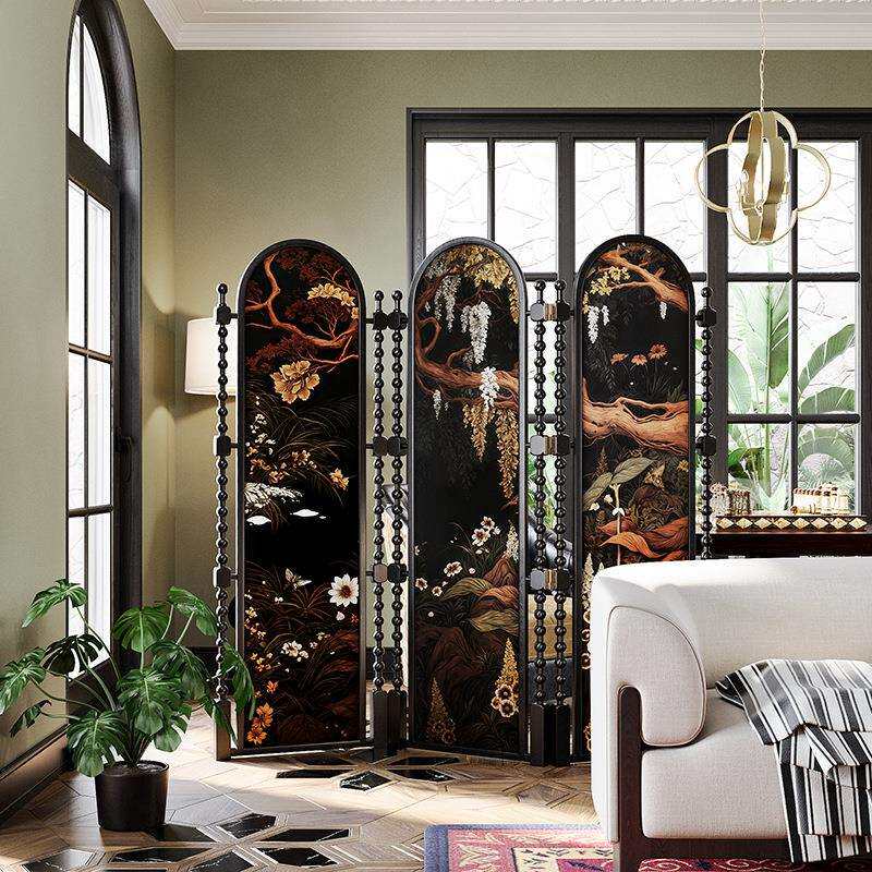 美式复古实木折叠屏风隔断客厅卧室玄关家用法式中古风可移动折屏