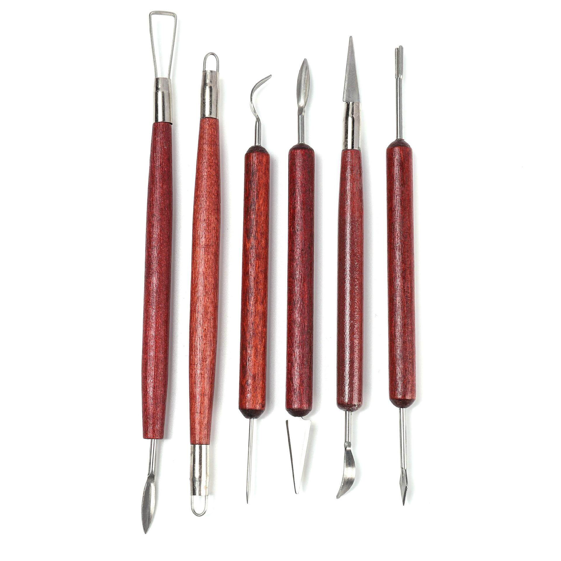 6件套陶艺工具红色木质双头镭丝刀粘土修坯工具泥塑雕刻工具套装