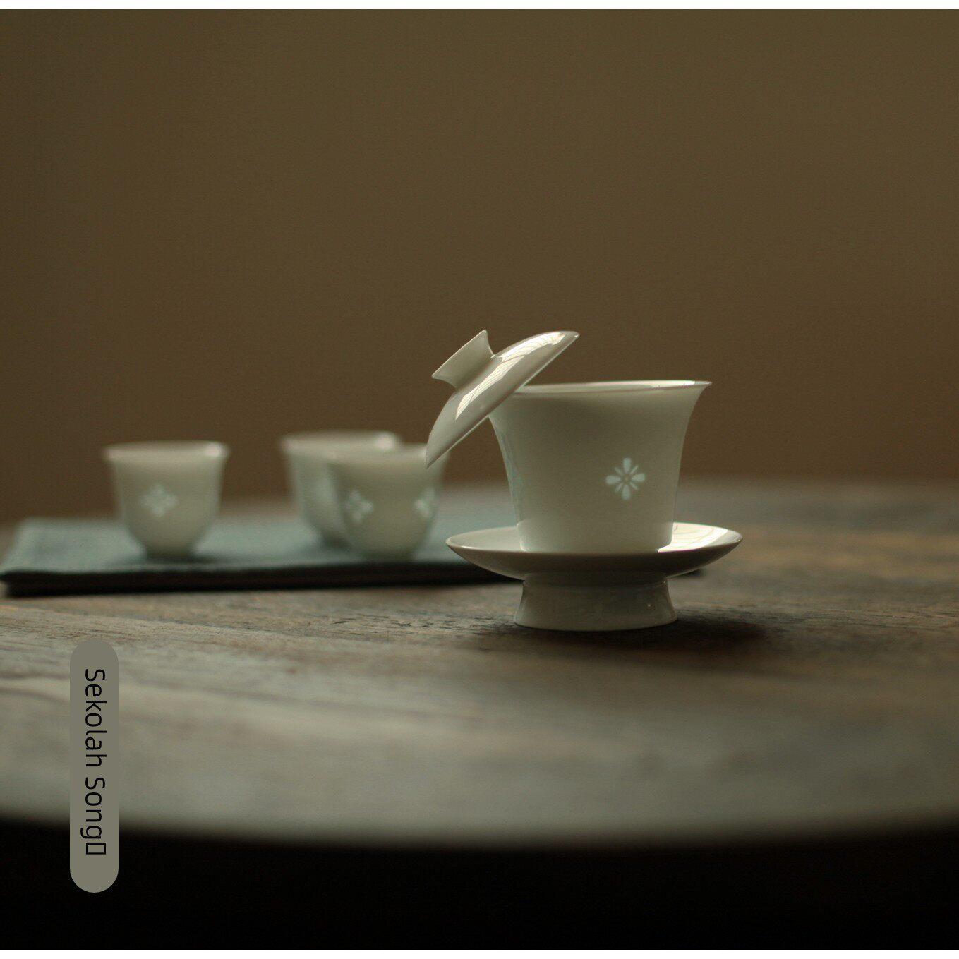 |亦宋书院|《平安花》玲珑盖碗 三才 陶瓷茶具 茶杯 杯子可悬停