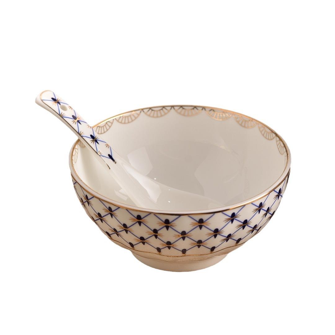 欧式骨瓷米饭碗白钴蓝4.9寸汤碗开业乔迁婚庆送人餐具套装6碗6勺