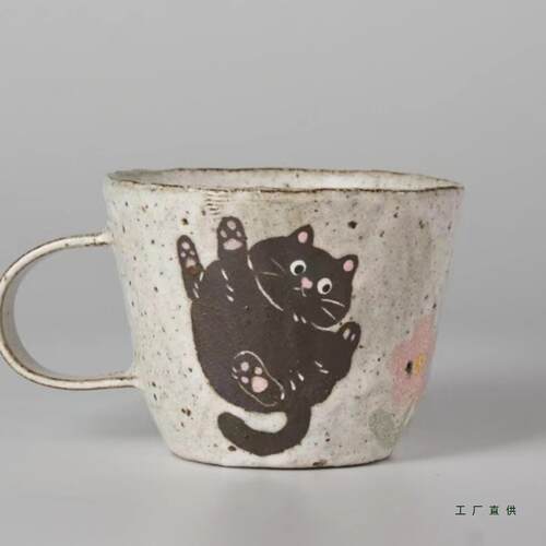 猫咪咖啡杯景德镇手作陶瓷猪口杯蛋杯拿铁拉花手绘高温釉下彩