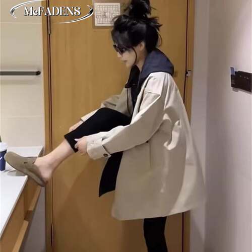 香港2026春季新款两面穿风衣外套女设计感拼色连帽显瘦中长款大衣