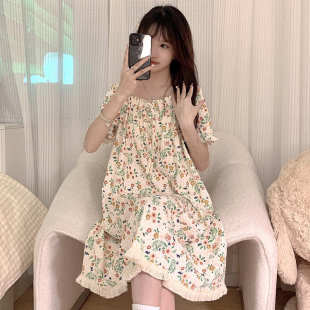 夏季 甜美家居服女 短袖 睡裙卡通简约睡衣宽松女士加肥中简约长款