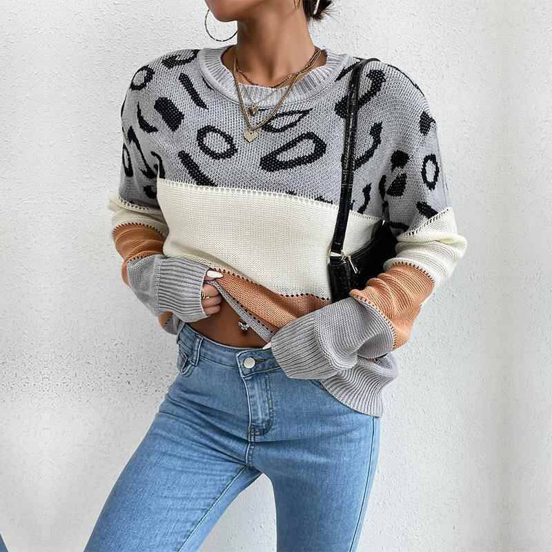Fashionable womens long-sleeved leopard print contrast