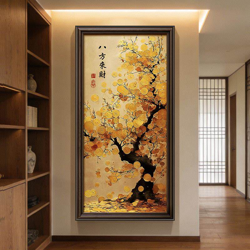发财树入户门玄关装饰画宋代美学黄金满地挂画新中式走廊过道壁画