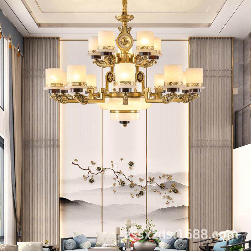 全铜新中式云石吊灯中国风大气客厅餐厅铜灯家用复古卧室书房灯饰