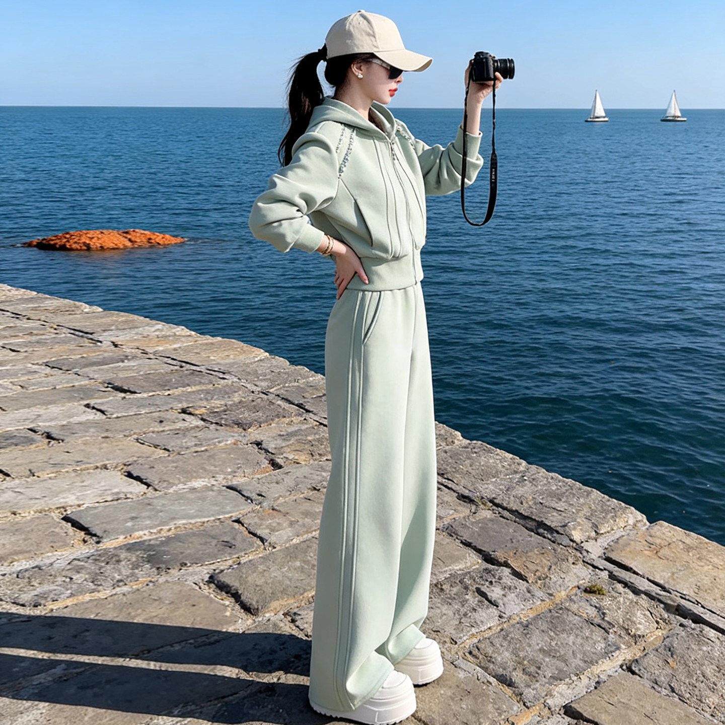 高级感休闲运动风连帽卫衣套装女春秋阔腿裤显瘦穿搭绿色两件套