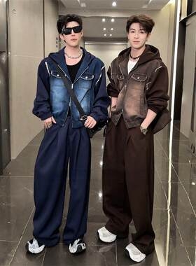 2026春秋季新品小众设计款牛仔裤男款连帽夹克外套毛边长裤套装潮