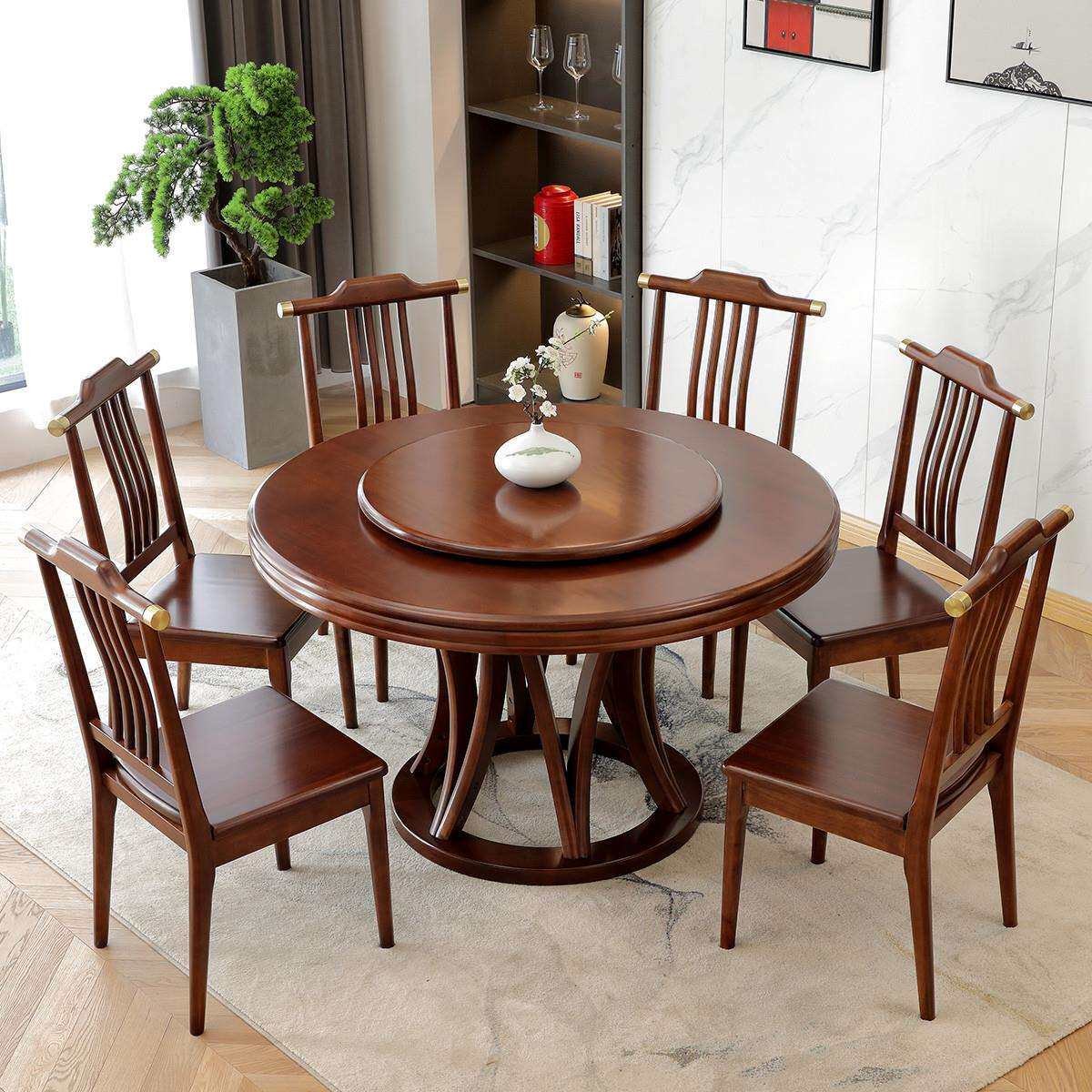 实木圆桌餐桌椅组合金丝檀木圆台带转盘大桌现代中式家用饭店圆桌