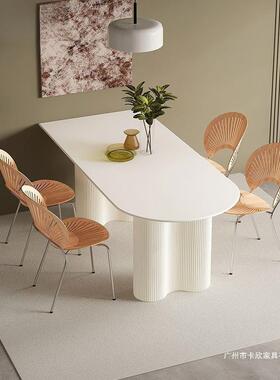 奶油风白长方形吃饭桌子轻奢岩餐桌椅组合家用纯代小户板型现VXW