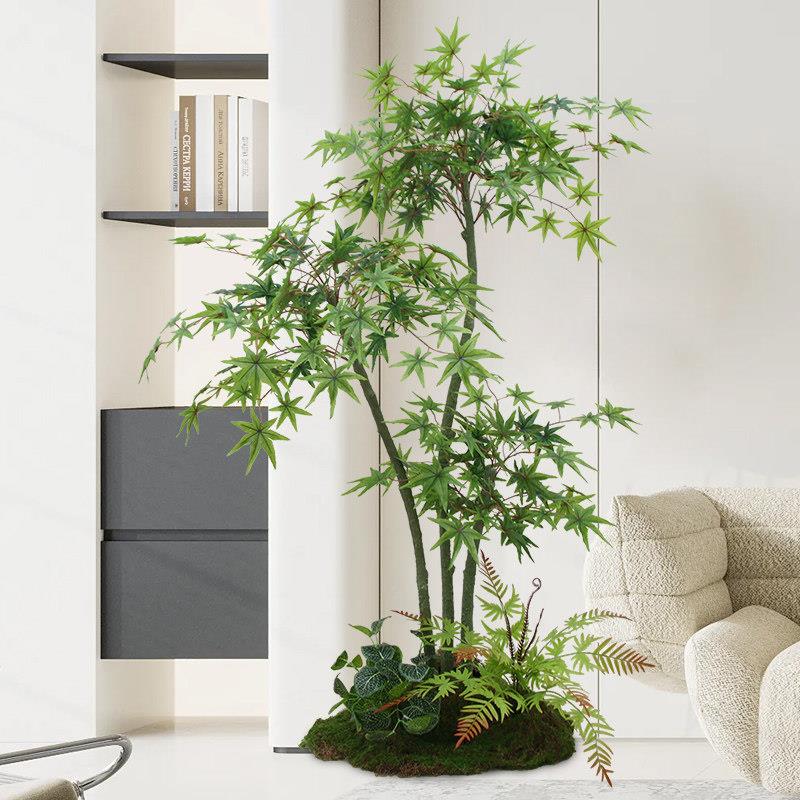 彷真绿色植物高端轻奢红枫树盆栽客厅摆件大落地假花室内绿枫装饰