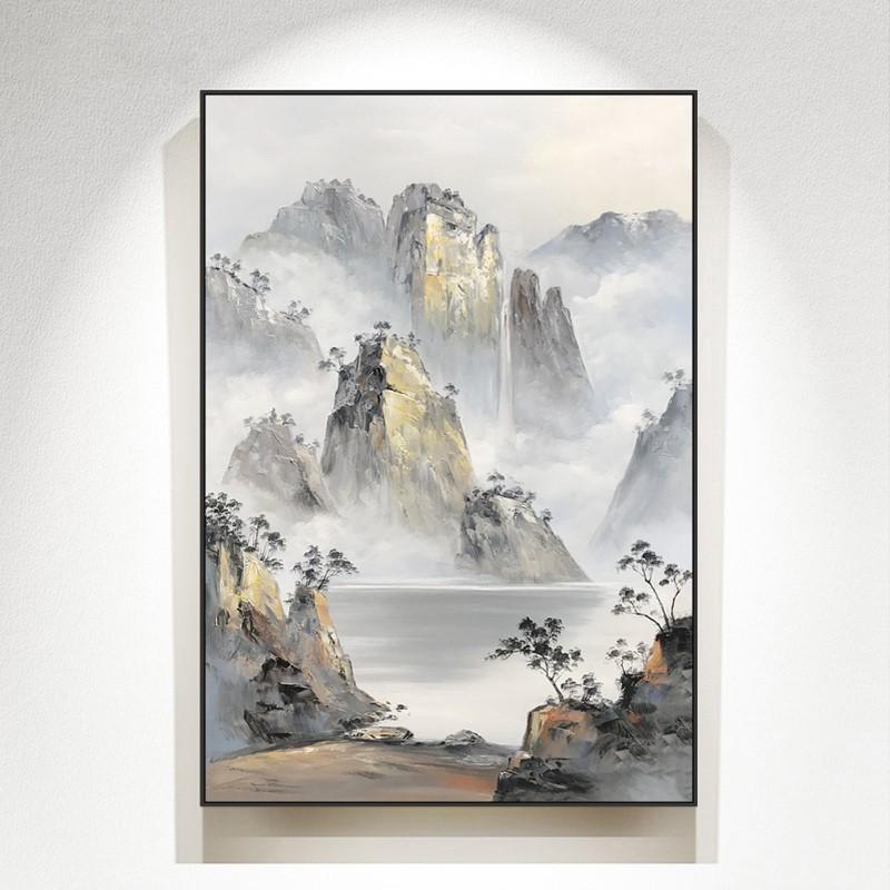 手绘油画中式山水风景玄关客厅装饰画现代简约办公室走廊竖版挂画