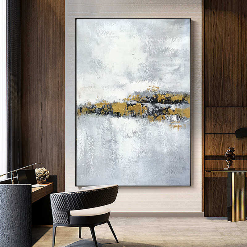 油画手绘黑白抽象玄关客厅背景墙装饰画山川金箔餐厅轻奢挂画现代