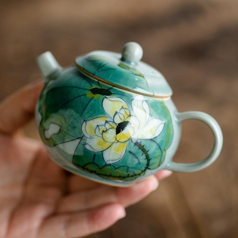 山鼎 仿古手绘冰片青绿荷花茶壶 釉下彩泡茶壶家用陶瓷功夫小瓷壶