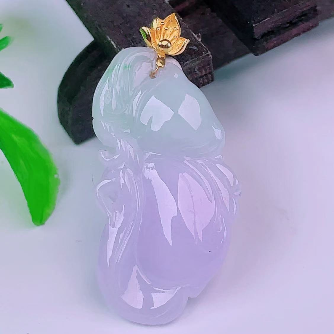 缅甸天然真品翡翠18k金扣头冰紫罗兰春彩满色闪拍花仙子玉石吊坠