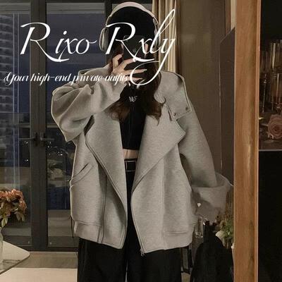 RIXO RXLY大码灰色连帽拉链卫衣外套女春秋季宽松慵懒风休闲上衣