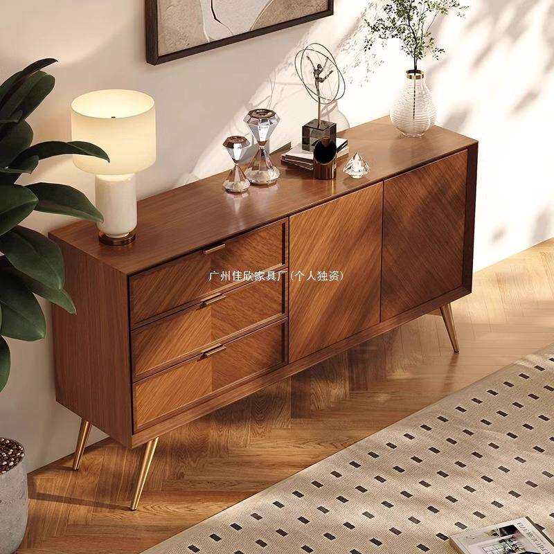 中古风实木复古餐边柜客厅靠墙储物柜现代简约鱼骨纹收纳柜玄关柜