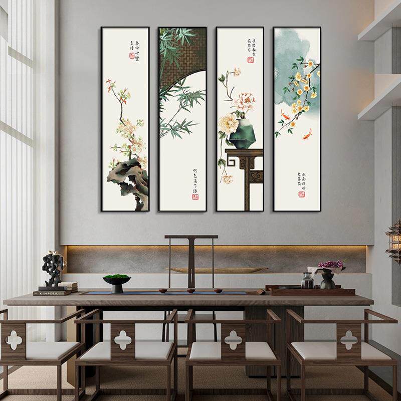 新中式茶室装饰画客厅山水走廊过道挂画现代简约水墨禅意竖版壁画