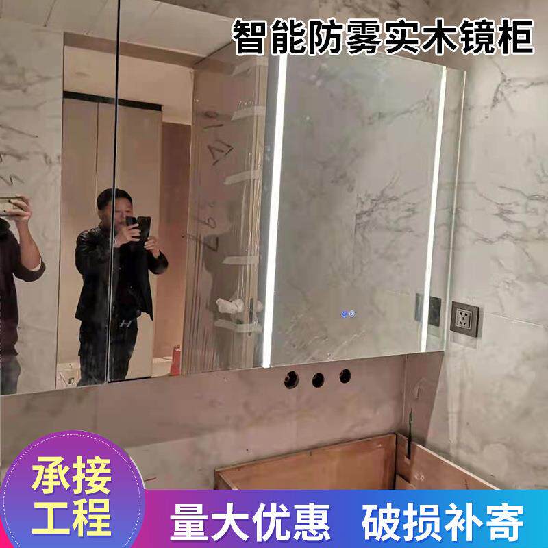 智能防雾实木浴室镜柜挂墙式带置物架卫生间镜子柜亚克力带灯灯罩