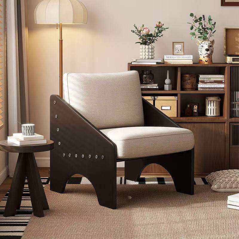 中古风实木单人沙发椅家用客厅阳台懒人沙发设计师棉麻沙发休闲椅