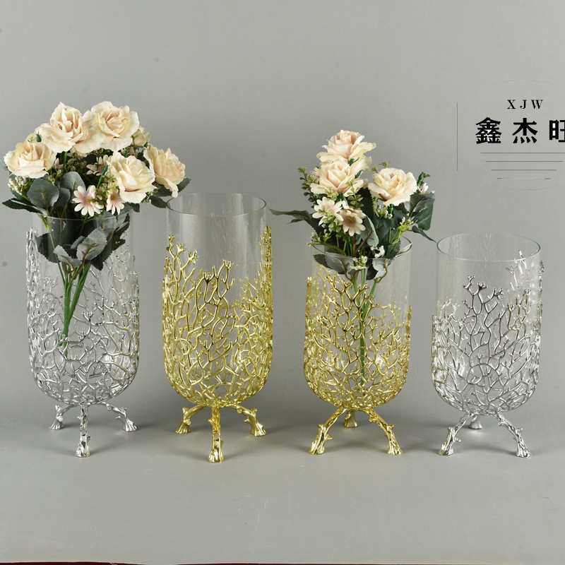 欧式金属玻璃花瓶摆件客厅干插花样板房餐桌花器创意轻奢桌面装饰