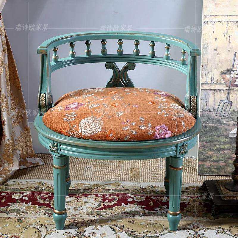 美式乡村单人沙发椅复古蓝实木餐桌椅组合欧式休闲围椅靠背圈椅子