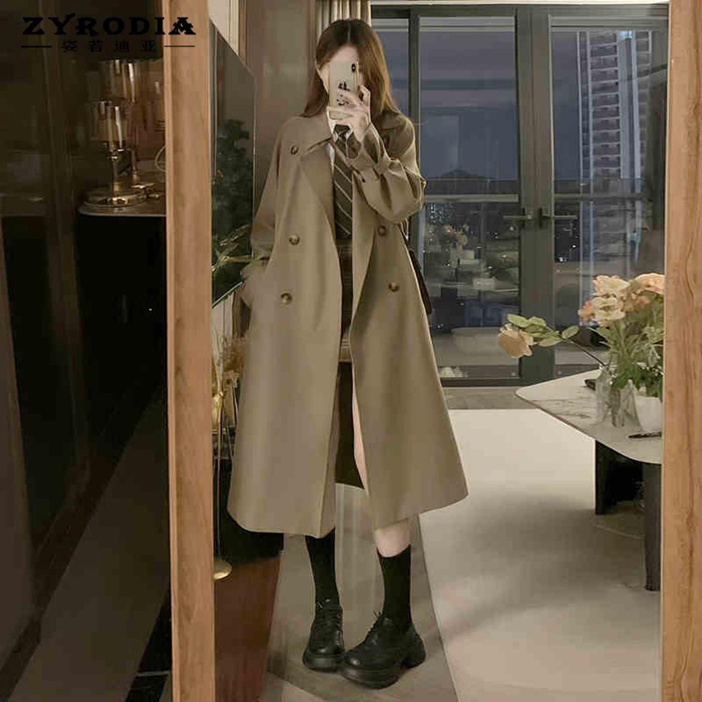 ZYRODIA春季新款休闲复古中长版收腰高级感大衣卡其色风衣外套女