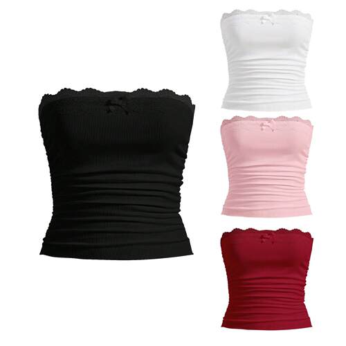 Women'S Contrast Lace Bow Decor Crop Tube Top Sweet Fashion