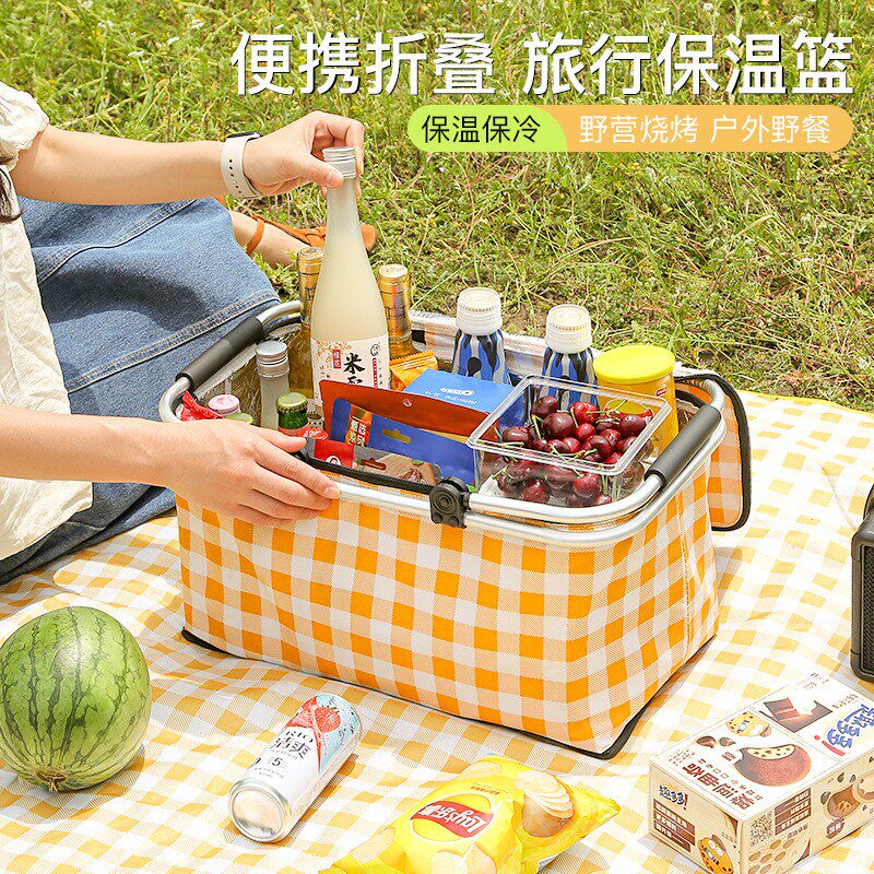 折叠野餐篮铝箔加厚保温午餐包露营水果食物收纳筐手提便当包便携