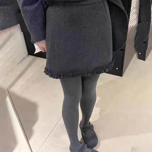秋季半身裙感灰色荷叶花边毛呢女冬季高腰显瘦百搭A字包臀短1001k