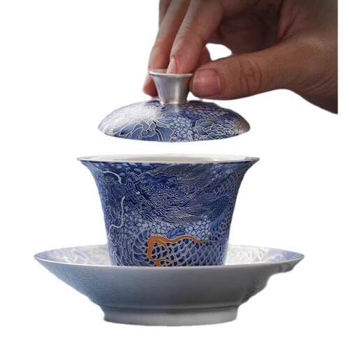 珐琅彩掐丝银龙腾盛世茶具套装陶瓷功夫茶具整套中式宫廷礼品泡茶