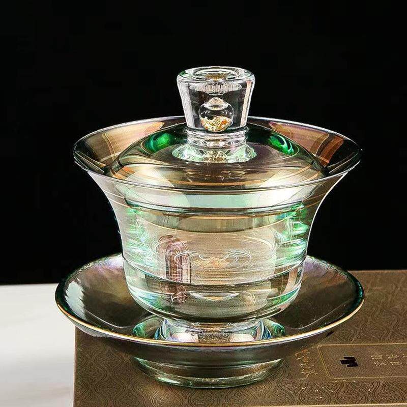日式彩色金箔盖碗个性创意办公室茶室用耐热玻璃茶具茶杯茶器