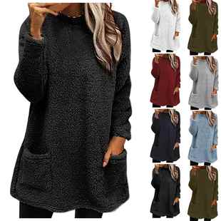 Sweatshirt Sleeve Fleece Color Neck Pocket Long Loose