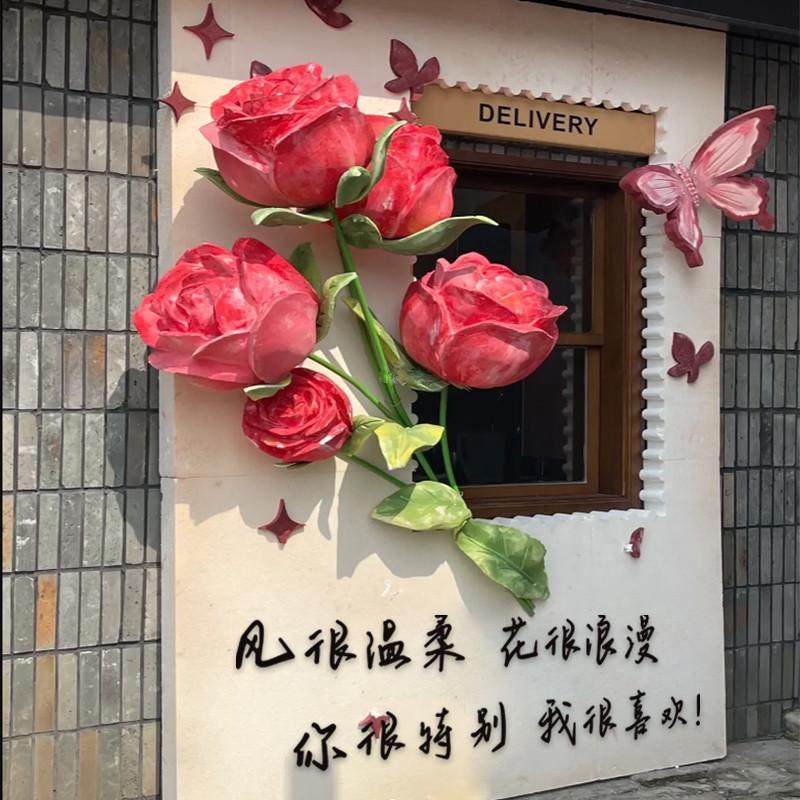 网红拍照区布置玫瑰花墙壁面直播间氛围背场景打卡奶茶店装饰摆件