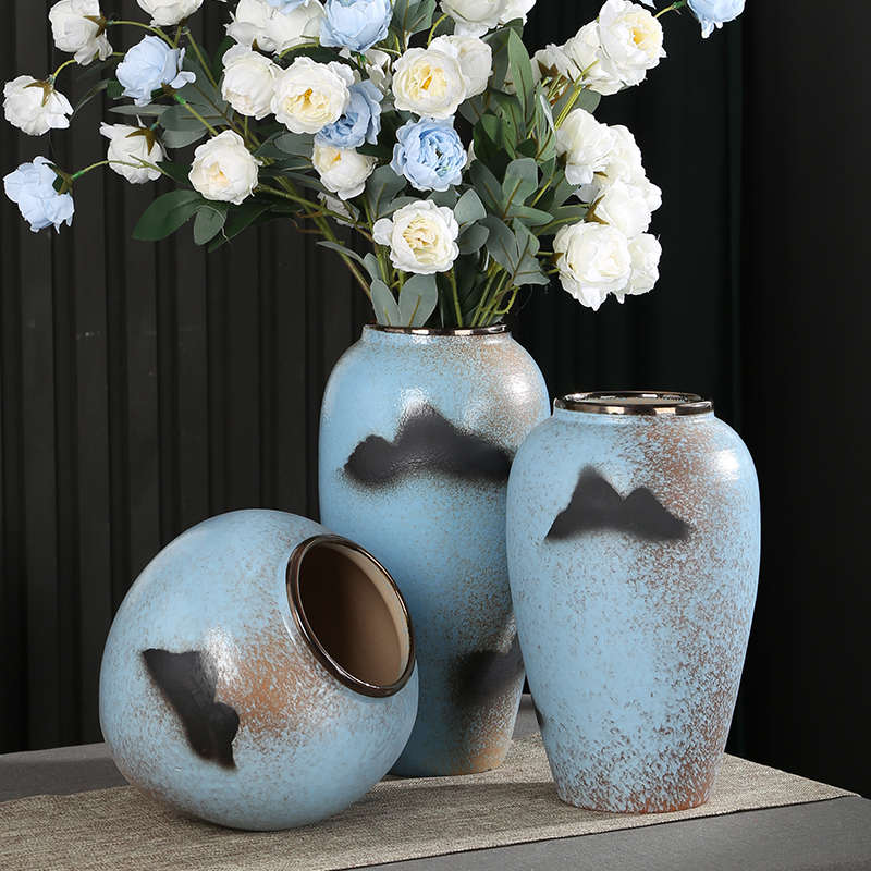 景德镇陶瓷花瓶复古蓝山水画新中式台面花盆客厅桌面插花花盆摆件