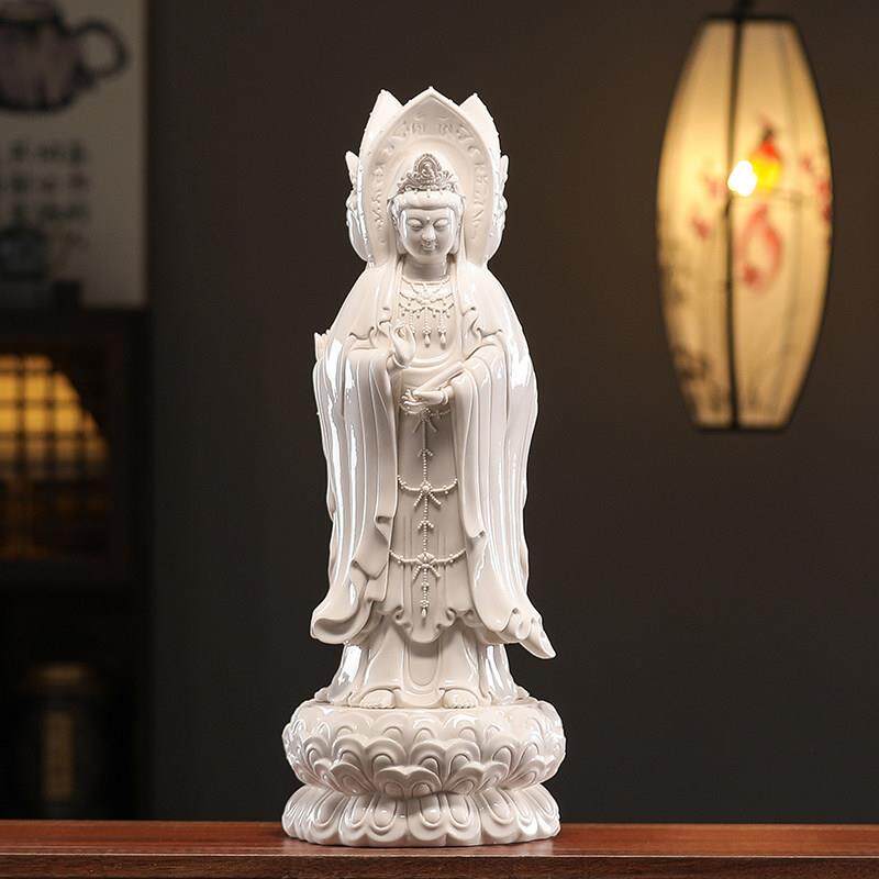 德化陶瓷南海三面观音佛像摆件家用供奉白瓷工艺品观世音菩萨站像
