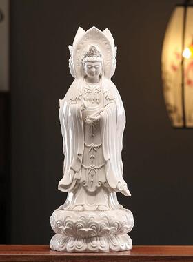 德化陶瓷南海三面观音佛像摆件家用供奉白瓷工艺品观世音菩萨站像