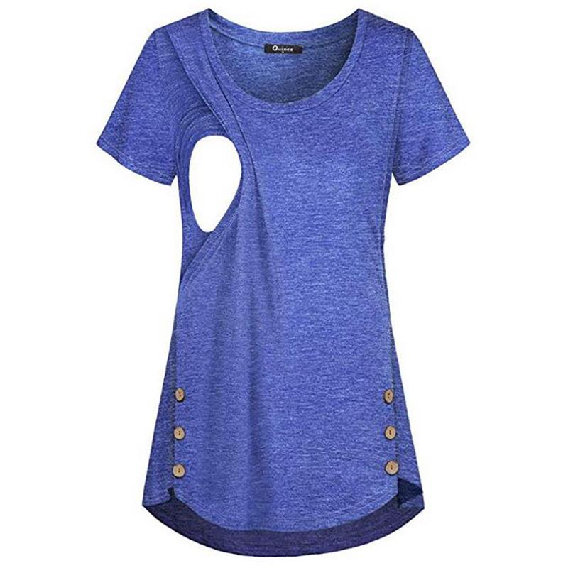 Short Sleeve Round Neck Button Breastfeeding Maternity Tops
