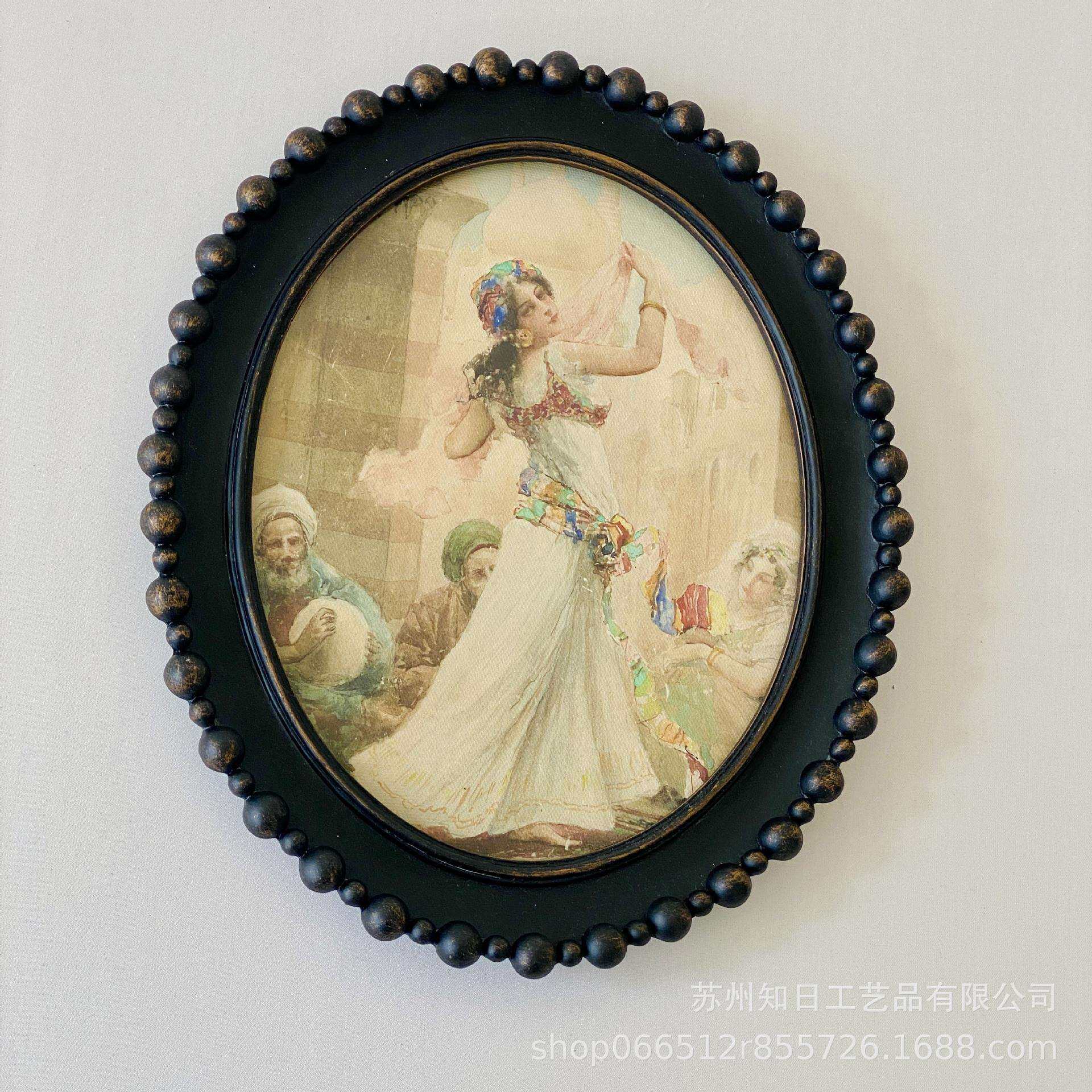 中古黑色椭圆画框复古黑金圆珠树脂相框装饰油画框照片墙组合挂画