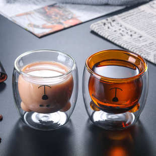 透明玻璃牛奶早餐喝水杯小熊双层杯 彩色内胆隔热卡通小熊玻璃杯