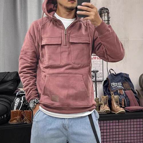 Men's long sleeved hooded sweatshirt with multiple